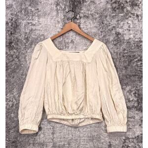 Amber Sakai Top Small Womens Ivory Hammered Silk Long Sleeve Square Neck Blouse
